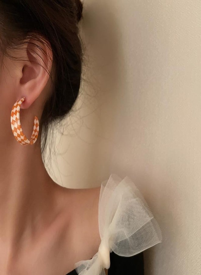 POYAMUSE Chic Checkerboard Acrylic Hoop Earrings - Trendy Plaid Earrings - Elegance with a Modern Twist-orange white - Image 2